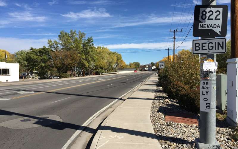 Dayton Valley Road (State Route 822) in Dayton, Nevada, with autumn trees